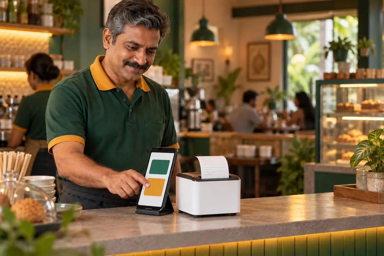 An Android phone on a stand beside a small receipt printer on a restaurant counter