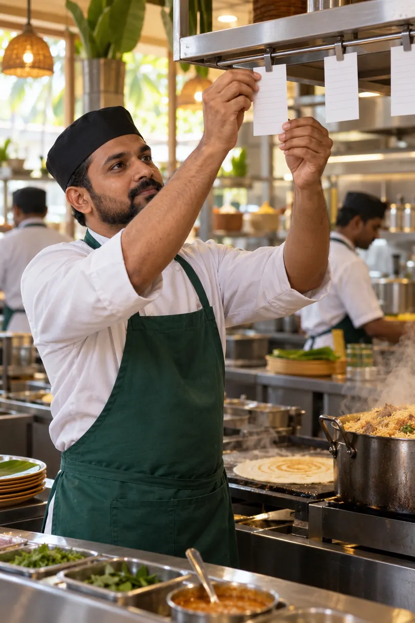 A chef clipping a printed order ticket onto the kitchen rail