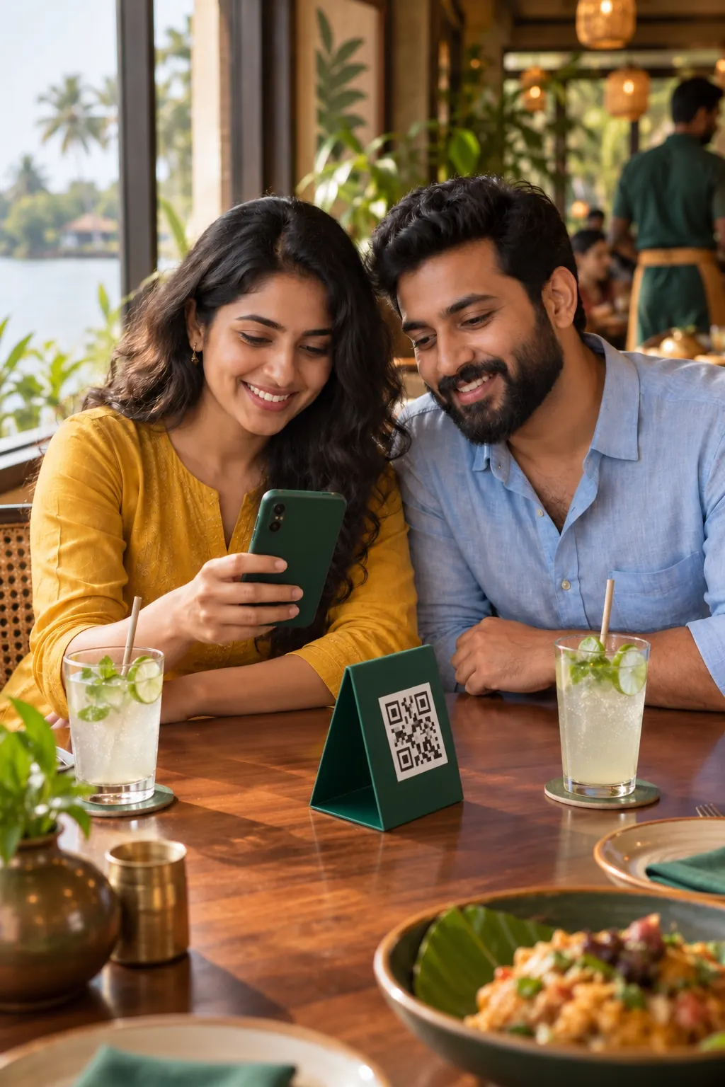 Two guests at a window table, one scanning the QR code on a green table stand with her phone