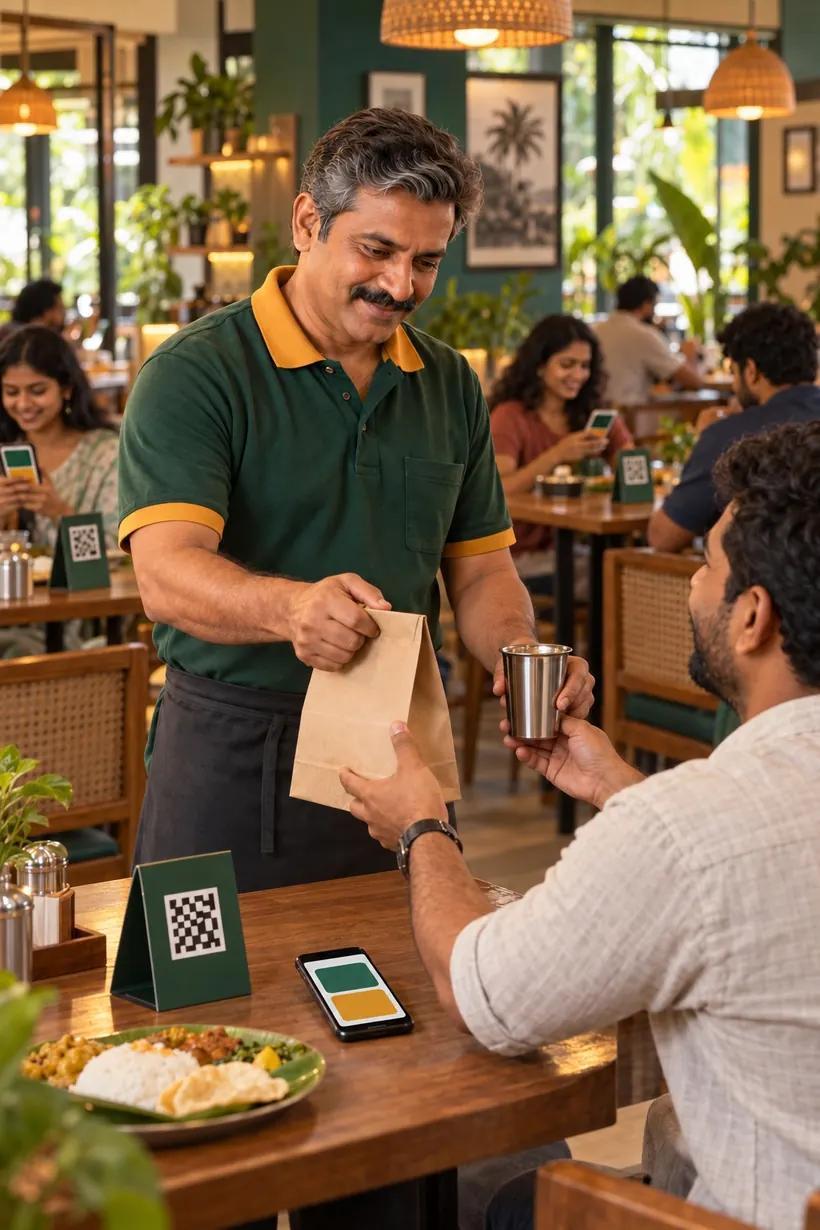 A full café at lunchtime with guests ordering from their tables and no queue at the counter