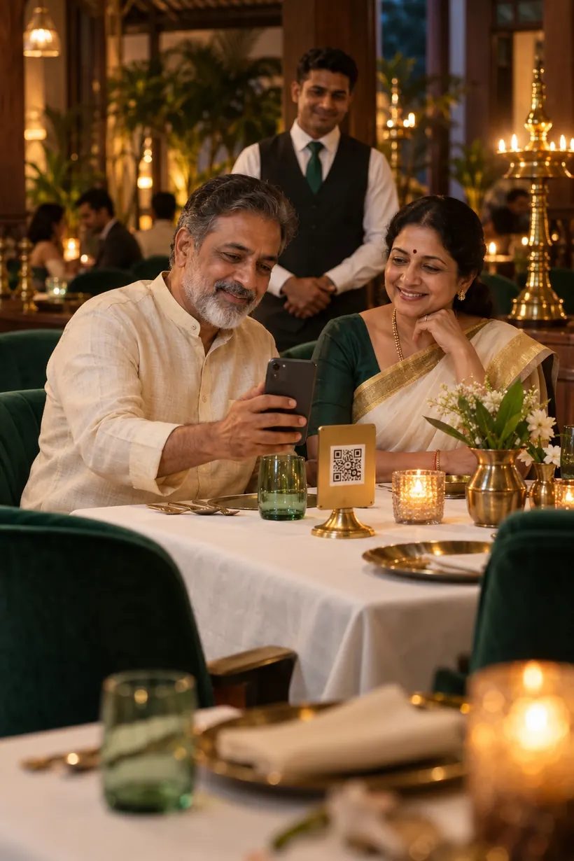 A couple at a candlelit fine-dining table scanning a brass QR stand