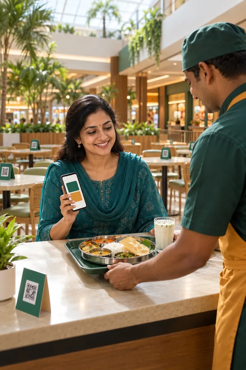 A guest collecting a tray at a mall food court counter