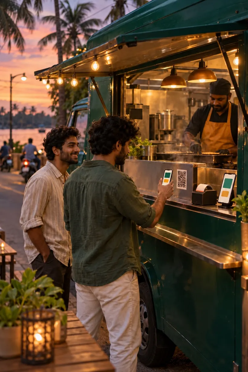 A food truck at dusk with customers scanning a QR code on its serving window